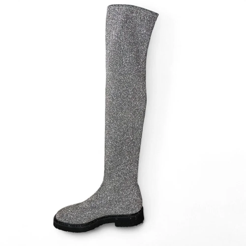 Giuseppe Zanotti Women's Silver Glitter Over-the-Knee Flat Boots Sz 37.5 NWOT
